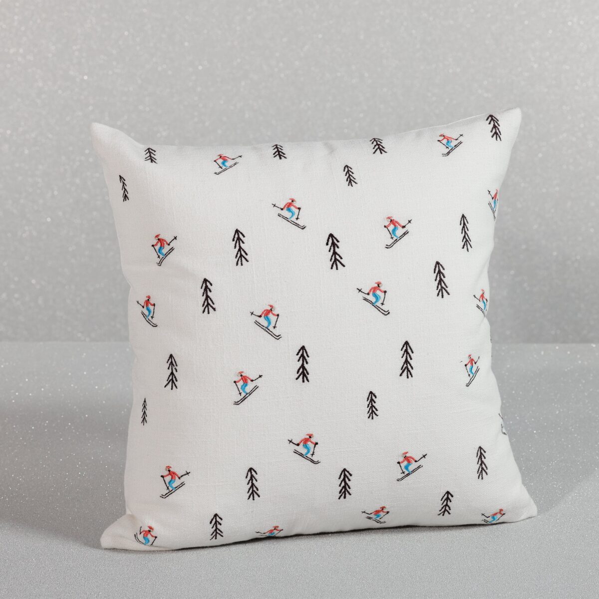 Trees and Skiers Cotton Embroidered Throw Pillow